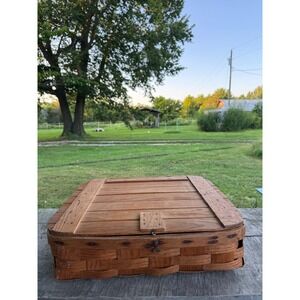 Vintage Woven Wood Pie Picnic Basket Square Carrier with Slatted Wooden Lid USED